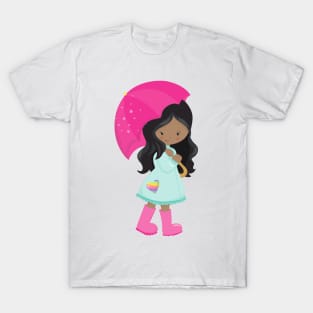 African American Girl, Rain, Raincoat, Umbrella T-Shirt